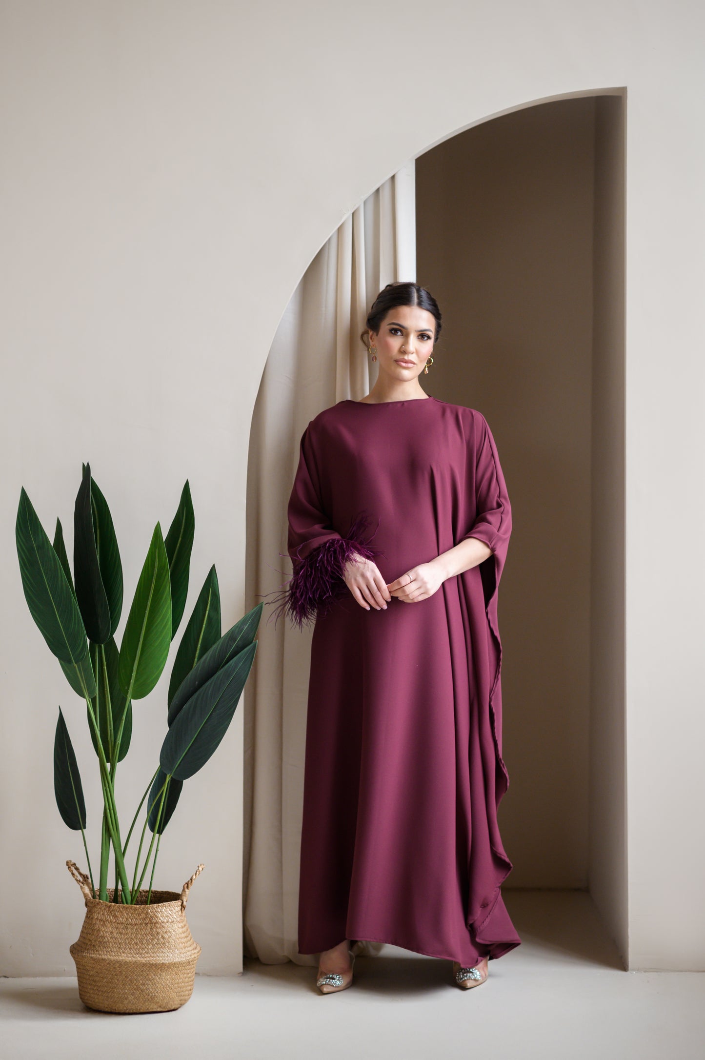 Burgundy feather trim maxi dress