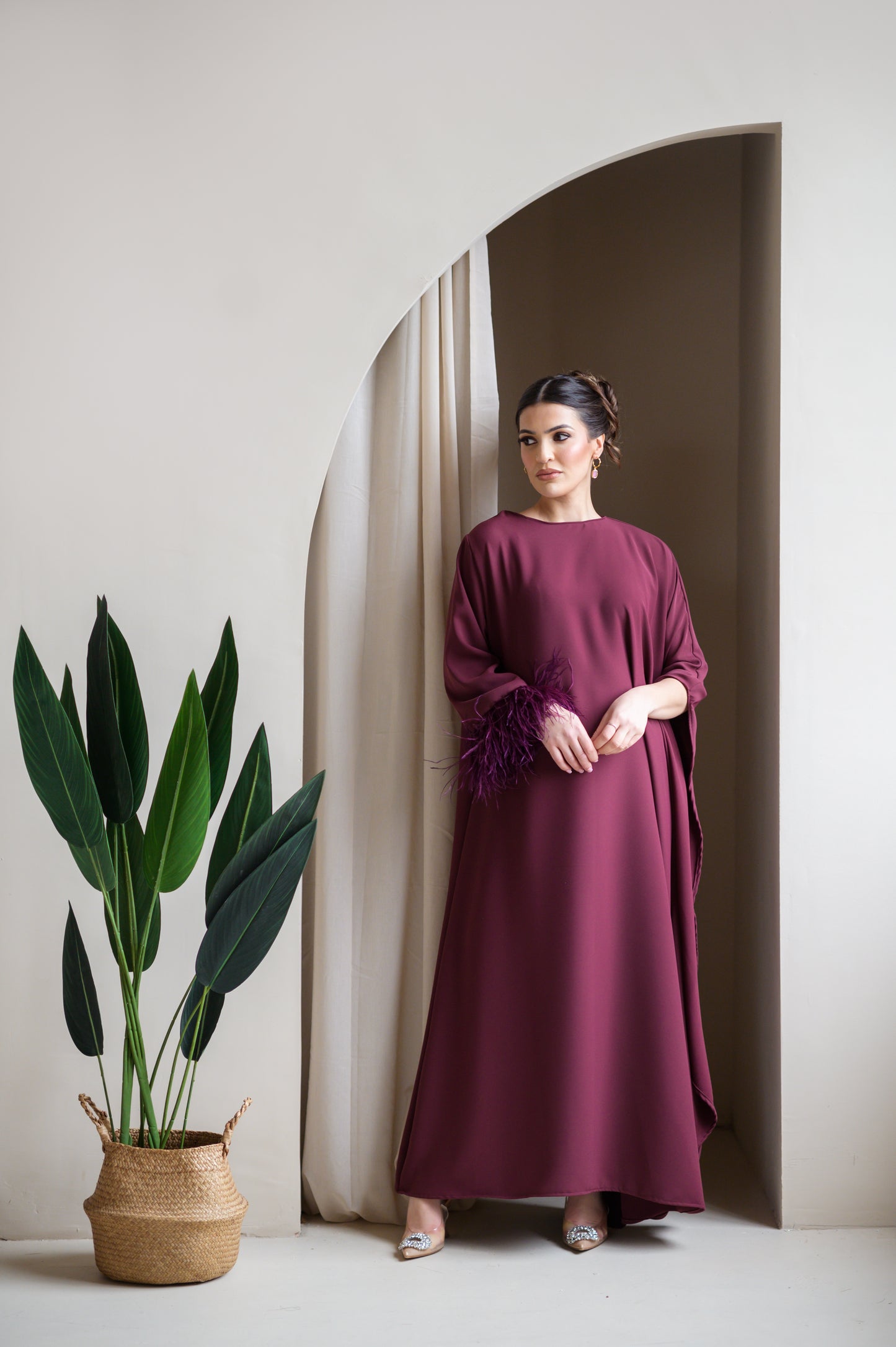 Burgundy feather trim maxi dress