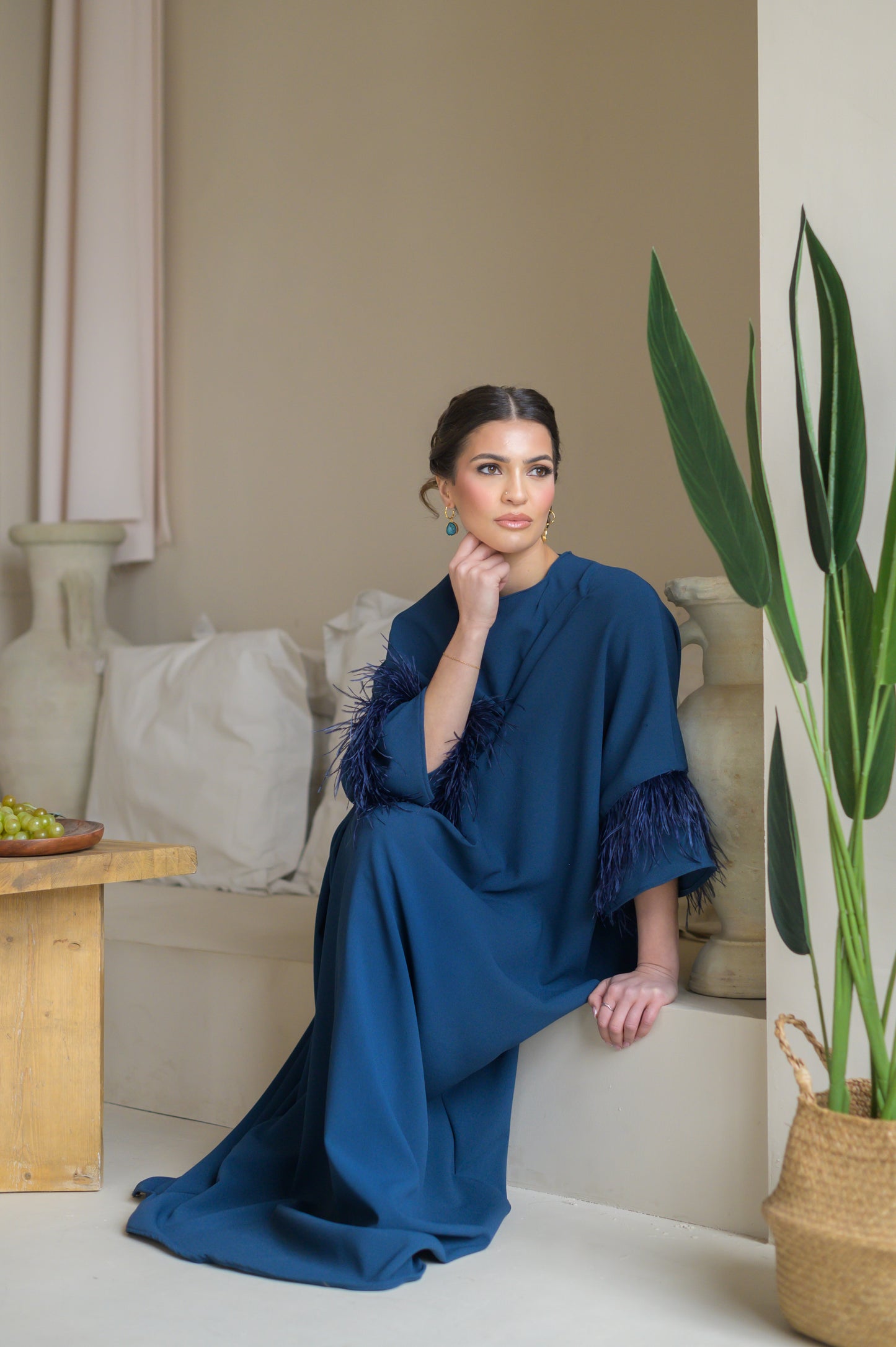 Petrol blue pleated detail kaftan