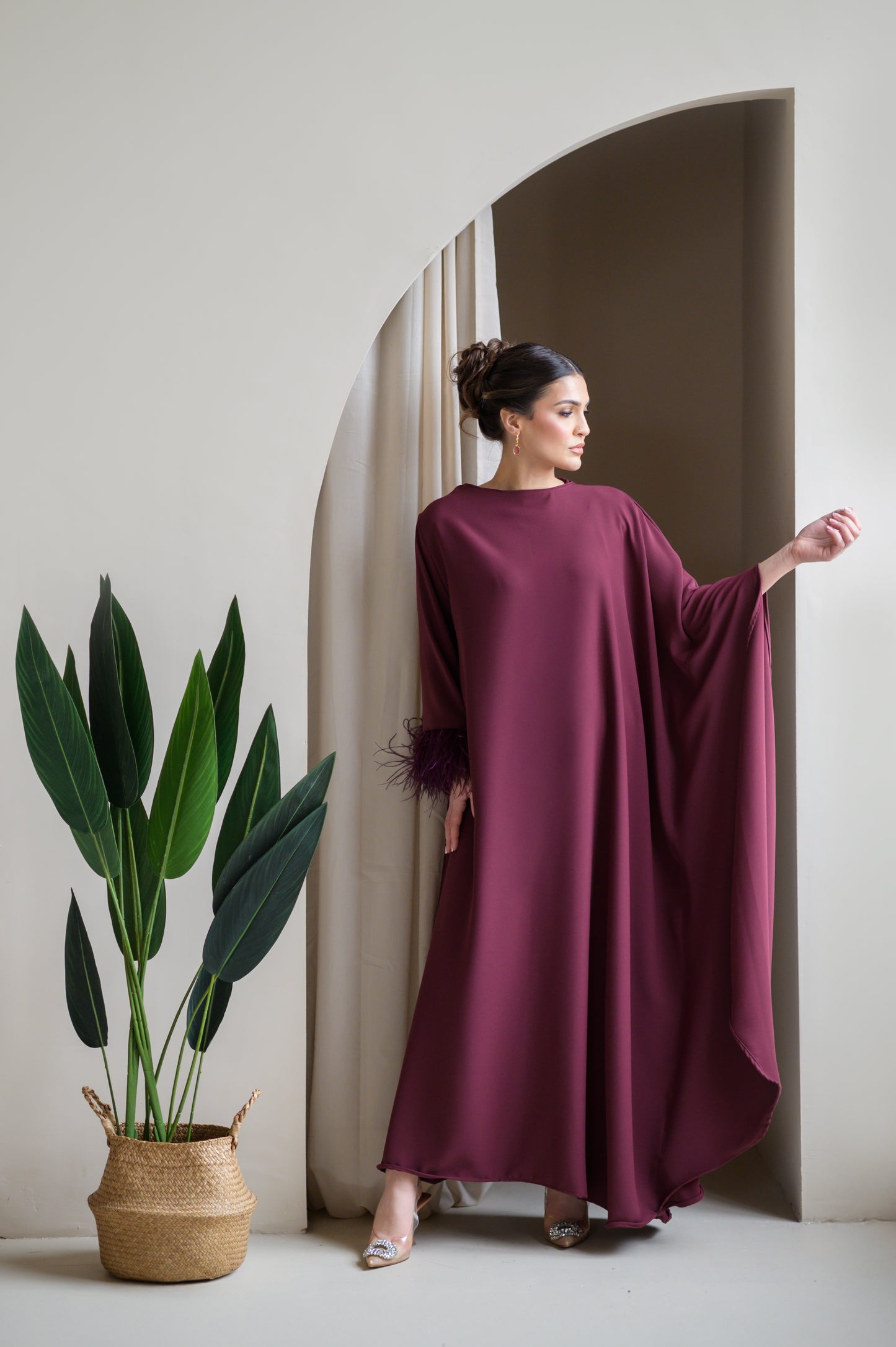 Burgundy feather trim maxi dress