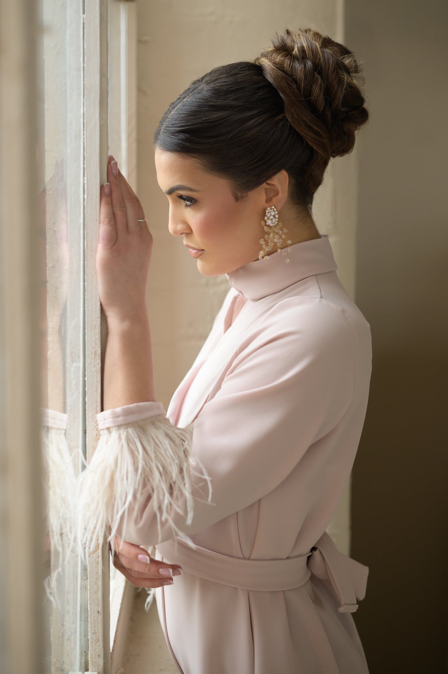 Pale pink stand collar jacket dress