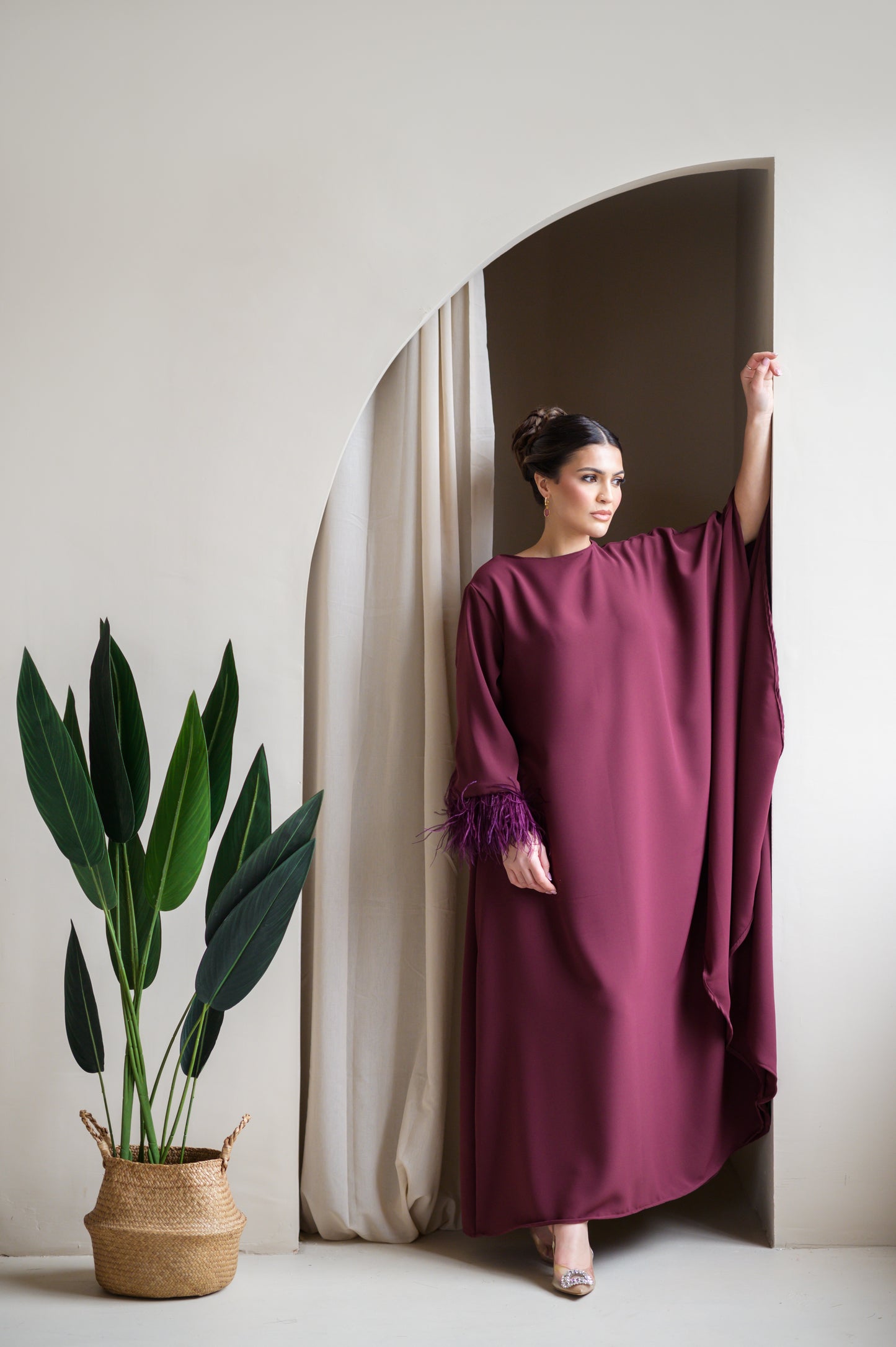 Burgundy feather trim maxi dress